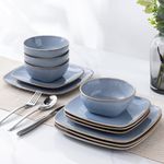 AmorArc Ceramic Dinnerware Sets for 4, 12 Pieces Square Handpainted Plates and Bowls Set, Chip and Scratch Resistant Stoneware Dishes Set, Dishwasher & Microwave Safe, Reactive Blue