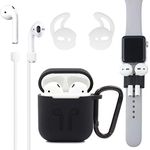 AirPods Case, Accessories Set/AirPods Ear Hook/AirPods Watch Band Holder/Keychain/AirPods Strap/Silicone Cover/Best Kit XORDING for Apple AirPods 1 or AirPods 2 Charging (Black Kit)