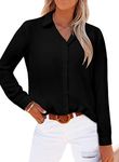 Ladies Shirt Women Tops Long Sleeve Blouses V Neck Button Up Shirt Plain Black Fall Work Office Wear Casual Fashion Chiffon Tops for Leggings Black Medium