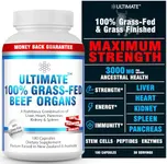 Ultimate 100% Grass Fed Beef Organs Supplement Supports Energy & Whole Body Wellness* with a Complex of Desiccated Beef Liver, Heart, Kidney, Pancreas & Spleen. Pesticide Free & Non-GMO, 180 Capsules