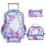 Rolling Backpack for Kids Wheeled Backpack Double Handle Wheeled Backpack with Lunch Bag and Pencil Case Set, Unicorn