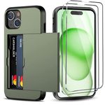 Benbenjaytek for iPhone 15 Wallet Case with Card Holder + 2 Tempered Glass Screen Protector Heavy Duty Protective Dual Layer Shockproof Hidden Card Slot Slim Case Women Men 6.1 inch (Deep Green)