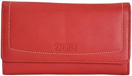 ASHIBO Fashion Wallets for Womens Genuine Leather With Multi Pockets Card Slots, Zip Around Purses/Multi-Functional Wallets., Red, Continental Wallet