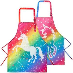 Lictin 2 Pack Kids Apron for Girls Boys Aprons for Cooking, Waterproof Art Apron with Pockets for Kids Painting Cooking Baking (4-12 Years), Red Unicorn