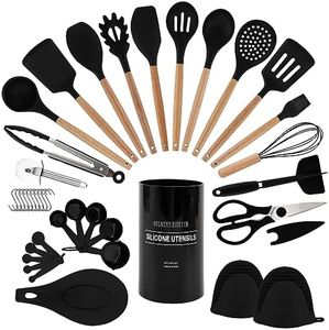 Country Kitchen Non Stick Silicone Utensil Set with Rounded Wood Handles for Cooking and Baking, 38 Piece Set, Black