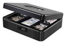 KYODOLED Metal Cash Box with Combination Lock Money Box for Cash Safe Metal Box with Money Tray for Security Lock Box 11.81"x 9.45"x 3.54" Black X Large