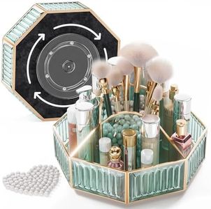 Rotating organizer 360 makeup rotating organizer,luxury Tempered Glass dressing table Makeup Brush Lipstick Storage Desktop Skin Care Product Organizing Box with free pearls.