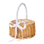 ADEPTNA Wicker Rattan Flower Basket Handle Wedding Flower Girl Hand Basket Handmade with Bow - Woven Eggs Candy Basket for Wedding Party Easter Christmas Home Decoration (LARGE - 24cm diameter)