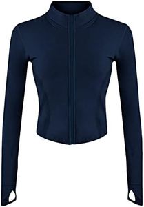 Yeokou Womens Active Zip Up Running Workout Cropped Bbl Athletic Jacket with Thumb Holes(Navy-M)