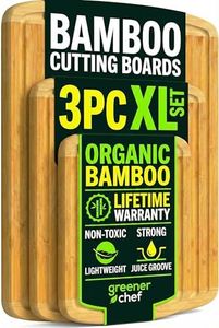 Organic Bamboo Cutting Boards for Kitchen Set of 3 with Lifetime Replacements – Premium Extra Large Wood Chopping Boards with Juice Grooves for Carving & Serving, Non-Toxic & Durable by Greener Chef