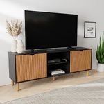 Contemporary Fluted TV Stand - 2023 Collection - 70” Entertainment Center Console Table with Storage for Living Room - Fits 32 to 80" TVs (Black and Oak)