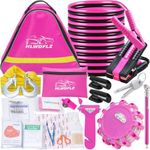 HLWDFLZ Pink Roadside Assistance Kit with Jumper Cable, Tow Rope, LED Road Flare, Deer Whistles and More Women Emergency Safety Tool Kit