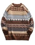 VDWIP Mens Knit Sweater Grandpa Vintage Knitted Sweaters Oversized Striped Spring Pullover Casual Long Sleeve Pullovers, Brown, Medium