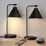 VIHEI Black Touch Nightstand Lamp, Dimmable Industrial Table Lamp with USB Port and AC Outlet, Metal Bedroom Bedside Night Light for Reading, Set of 2