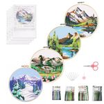 ECYANER 4 Set Embroidery Kit for Beginners, Cross Stitch Kits for Adults with Pine Scenery Mountain Pattern Hand Crafts Include Embroidery Cloth Hoops Threads