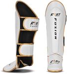 FF MMA Shin Guards Padded Muay Thai Leg Guards with Instep Protection for Kickboxing Training Sparring x2 (White-Gold, Small/Medium)