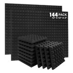 YGM Acoustic Foams® Pyramid Acoustic Panels 12" X 12" X 2", 38 Kg/m³ High Density Premium Grade Studio Noise, Echo Reduction and Absorption, 3D Structure (Charcoal Black) (Set of 144)