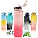 SEASEVEN Water Bottle with Straw 1L,Boys Water Bottles with Straw 1 Litre,Waterbottle Leak-Proof Sports Water Bottle,Plastic Drinks Bottles Toxin Free，Bpa-Free (Gradient-Pink)