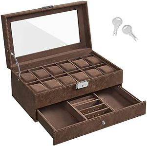 SONGMICS JWB012K01 Watch Box with Glass Lid 2 Tier 12 Clock Lockable 1 Drawer for Rings Bracelets Gift Idea PU Cover Brown Lining Brown