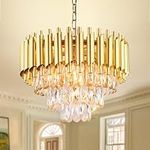 FRIXCHUR 15.7'' Crystal Chandelier Lights Modern Gold Pendant Light 3-Tier Crystal Chandelier Light Fixture Raindrop Flush Mount Ceiling Light for Bedroom Living Room E14x5 Bulb（Not Includ Bulb）