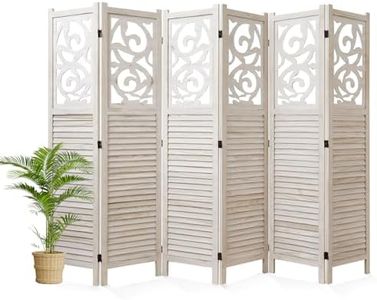 Svimi Folding Room Divider, 5.6Ft 6 Panels Wood Carved Privacy Screens, Free Assembled Freestanding Portable Reversible Functional Decorative Partition for Home Office Bedroom (White-Washed)