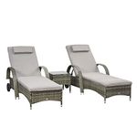 Outsunny Wicker Patio Lounger Set with Padded Cushions, Outdoor PE Rattan Chaise Lounge Chair with Wheels, 5-Level Reclining Lounger with Headrest, Glass Top Table, Grey
