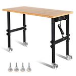 Goplus Work Bench, 48” Mobile Work Table with Power Outlet, Removable Wheels & Foot Pads, Bamboo Wood Top,1984LBS Capacity,Heavy Duty Tool Bench, Adjustable Rolling Workbench for Garage Home Workshop