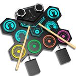 Portable Electric Drum Kit, CNAPXAIA Foldable Kids Drum Pad with Build-in Stereo Speakers, Foot Pedals, Drum Sticks, 9 Pads Silicone Electronic Drum Set for Kids Adult Beginner