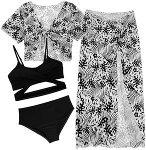AIEOE Fille 4-Pièces Imprimé Split Bikini + Triangle Maillot de Bain + Top + Jupe Longue avec Fleur Boho pour 12 Ans Noir B