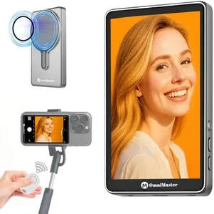 OmniMaster Phone Vlog Selfie Monitor Screen, Magnetic Mount for MagSafe, Rear Camera for Selfie Vlog Live Stream, iPhone & Android Compatible, Wireless Connection (Gray)
