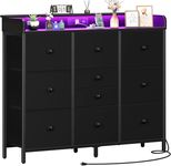 Yoobure Dresser for Bedroom with Charging Station and LED Lights, Tall Dresser TV Stand With 10 Storage Drawers,Fabric Black Dressers & Chests of Drawers,Wood Dresser for Kids Bedroom Closet Organizer