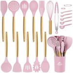 MIBOTE Silicone Cooking Kitchen Utensils Set with Holder, Wooden Handles BPA Free Silicone Turner Tongs Spatula Spoon Kitchen Gadgets Utensil Set for Nonstick Cookware (Pinky)