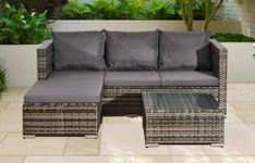 COSMO BUY MIX Grey Rattan Garden Sofa Set 4-Seater L-Shape Outdoor Furniture Conservatory Patio Corner Sun Lounger Sofa & Coffee Table, Suitable for Indoor/Outdoor Home Garden Rattan Furniture Set