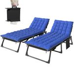 Outsunny Lounge Chair Outdoor Set of 2, 29.5" Wide Folding Chaise Lounge Tanning Chair, 5-Position Beach Patio Lounger Camping Cot Bed with Cushion, Side Pocket, Dark Grey/Blue