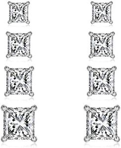 4 Pairs 925 Sterling Silver Princess Cut Cubic Zirconia Stud Earrings Set | Small Cartilage CZ Hypoallergenic Tragus Piercing Earrings for Women Men Girls Kids 3mm 4mm 5mm 6mm, Metal, Cubic Zirconia