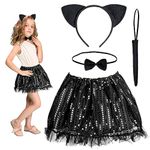 HONMOK 4 Piece Kids Black Cat Halloween Costume, Black Cat Fancy Dress Up Outfit with Cat Ears Headband Sequin Tutu Dress Bowtie Choker Kitten Tail for 3-10y Girls Halloween Cosplay Party