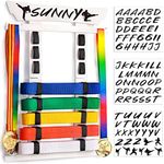 Tilhumt Karate Belt Display Rack, Taekwondo Belt Display with Stickers, Martial Arts Belt Display Holder for 8 Belts with Medals Hanger, No Assembly Required (White)