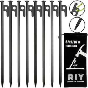 8 Pack Tent Stakes Heavy Duty 12 inch Steel Tent Pegs for Camping Unbreakable and Inflexible