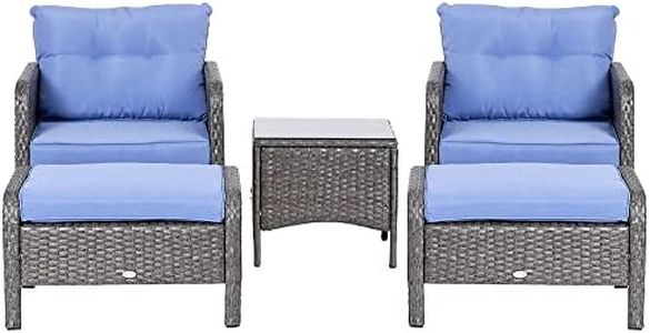 Outsunny 5 Pieces Wicker Patio Furniture Sofa Set Thick Padded Cushions, Outdoor PE Rattan Conversation Coffee Set with Armchairs, Footstools and Glass Top Table, Blue