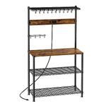 SUPERJARE Bakers Rack with Power Outlets - Height Adjustable Microwave Stand, 4-Tier Kitchen Storage Rack with 10 S-Shaped Hooks, 360° Hanging Strip, Coffee Bar Station - Rustic Brown