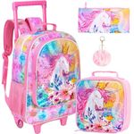 4PCS Kids Rolling Backpack for Girls, Unicorn Sequin Roller Wheeled Bookbag Toddler Elementary School Bag with Wheels