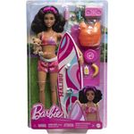 Barbie Doll with Surfboard and Pet Puppy, Poseable Brunette Beach Doll with Themed Accessories like Towel and Stereo, HPL69