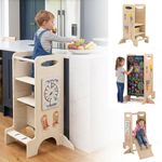 HONEY JOY Toddler Tower, Wooden Kitchen Stool Helper with 3 Adjustable Heights, Anti-Slip Feet, Chalkboard, Kids Learning Standing Tower with Montessori Activity Games (Natural)