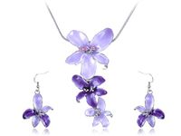 Alilang Silvery Tone Pink Rhinestones Purple Hawaiian Flower Necklace Earrings Set