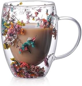 Dried Flower Double Wall Glass Cup, Aesthetic Flowers Coffee Mugs, Cute Insulated Tea Cups with Handle Heat Resistant for Women, Ideal Gifts for Birthday Mother's Day - Perfect for Wife Mom Friend (D)