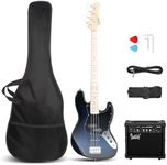 GLARRY Bass Guitar Full Size 4 String Exquisite Stylish Bass with Guitar Bag Power Line and Wrench Tool (Dark Blue, With AMP)