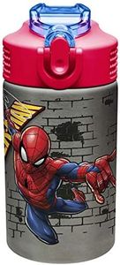 Zak Designs Stainless Steel One Hand Operation Lid and Built-in Carrying Loop Water Bottle with Straw Spout is Perfect for Kids (15.5 oz, BPA Free), 1 Count (Pack of 1), Spiderman