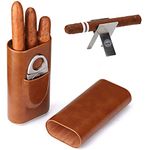 Time C Club 3 Pack 3 -Count Brown Leather Cigar Case Cedar Wood Lined Cigar Humidor Stainless Steel Foldable Cigar Stand Silver Stainless Cigar Cutter