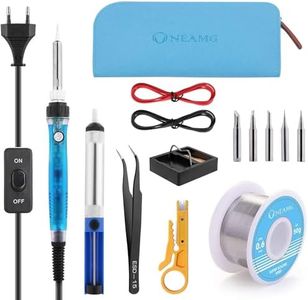 Fer à Souder Kit, ONEAMG 60W, Electrique, Temperature Réglable avec Interrupteur ON/OFF, Station de Soudage avec 5PCS Conseils, Pompe à Dessouder, Fil de Soudure, Pincettes (Blue)