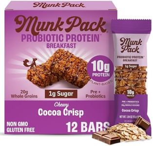 Munk Pack Probiotic Protein Breakfast Bars - 10g Plant Protein, 1g Sugar, 6g Fiber – For Adults & Kids, Low Sugar Snack, Gluten-Free, Diabetic-Friendly, Non-GMO, Cocoa Crisp - 12 Pack